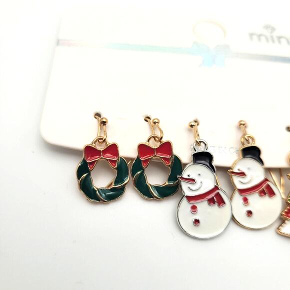 Holiday Christmas Fashion Earrings 3 Pair Tree Snowman Wreath Gift  Gold Tone - Picture 2 of 4